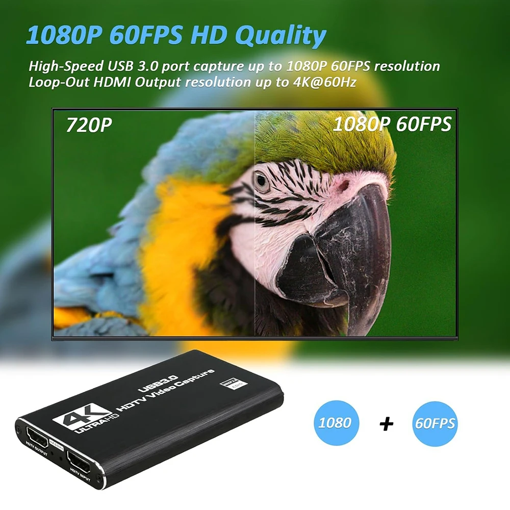 USB 3.0 4K Video Capture Card with 3.5 Mic In Loop Out 1080P 60FPS Recording for Laptop Desktop PC Game Live Streaming Broadcast