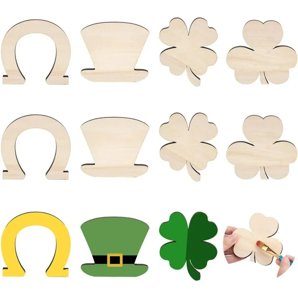 8pcs Shamrock Wooden Cutouts Unfinished Wood Shamrock Clover Cutouts Shamrock/Horseshoe/Four Clover/Hat Ornaments for DIY Craft