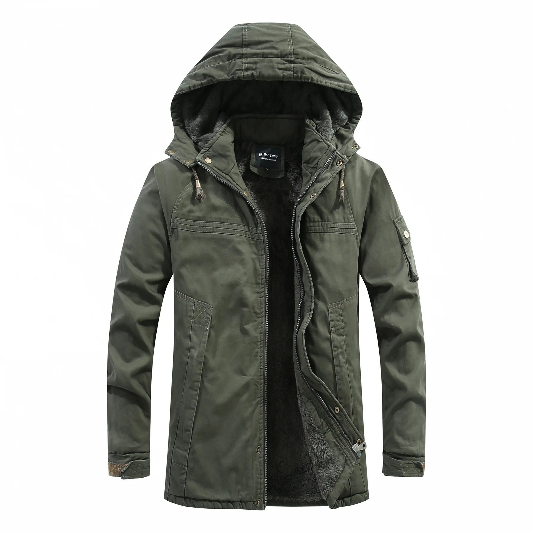 

Autumn Winter Man Cargo Coat Mid Length Long Sleeve Zipper Male Detachable Hooded Coat Simple Solid Wind-proof Men Outerwear