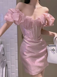 Pink Off Shoulder Corset Dress Women Ruffle Puff Sleeve Shiny Satin Bodycon Party Dress sweet fashion mini Evening Clubwear
