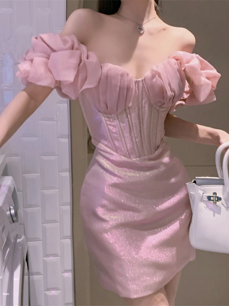 Różowa sukienka korsetowa z odkrytymi ramionami, damska, z falbankami i bufiastymi rękawami, błyszcząca satynowa sukienka bodycon, słodka, modna mini sukienka na imprezę, wieczorowa, klubowa.