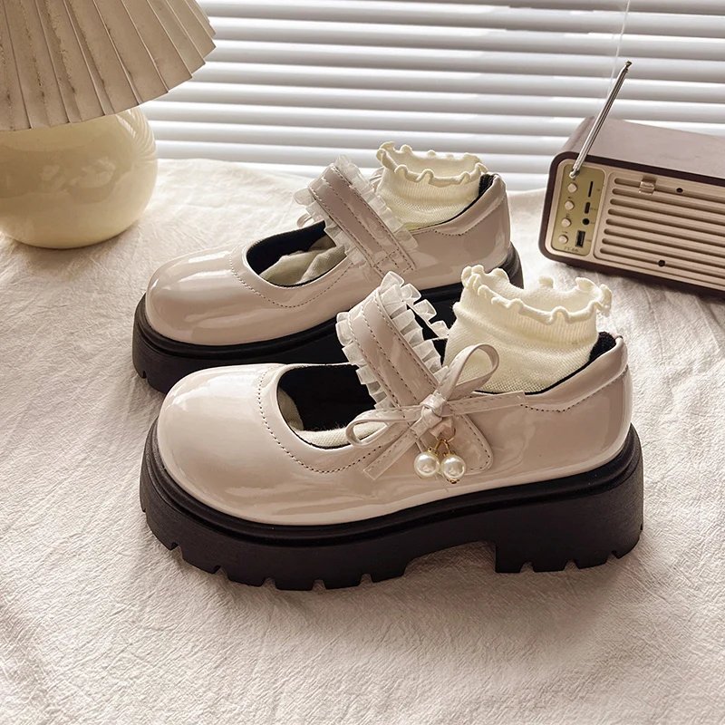 Girls Black School Shoes Princess PU Leather Soft Kids Flats Mary Janes for Wedding Party with Pearl Pendant Sweet Bright Skin