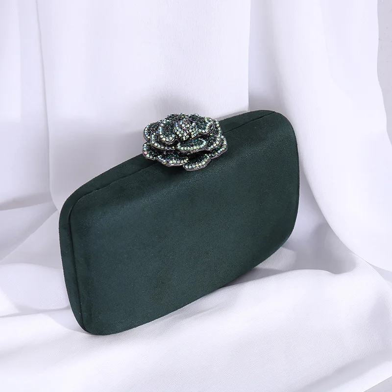 

Retro Dark Green Blue Satin Evening Bags Metal Rhinestone Flower Clutches Handbags For Women Chain Shoulder Bag Wedding Party
