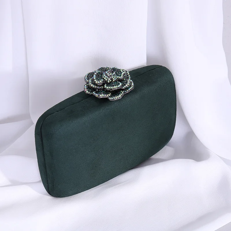 Retro Dark Green Blue Satin Evening Bags Metal Rhinestone Flower Clutches Handbags For Women Chain Shoulder Bag Wedding Party