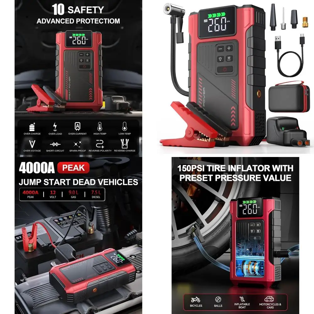 

4500A Car Jump Starter with Air Compressor, Portable Battery Charger Jumpstart 12V Vehicle, Power Pack with 150PSI Tire Inflator