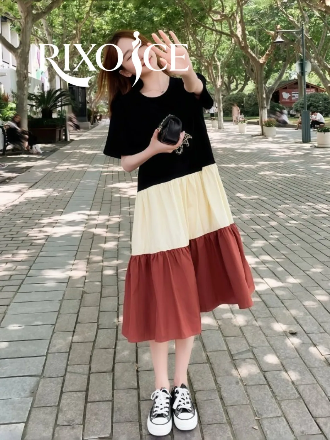 RIXO ICE Luxury plus Size Color Block Short Sleeve T-Shirt Dress Women's Summer Slim A-Line Dress Korean Style Loose Waist