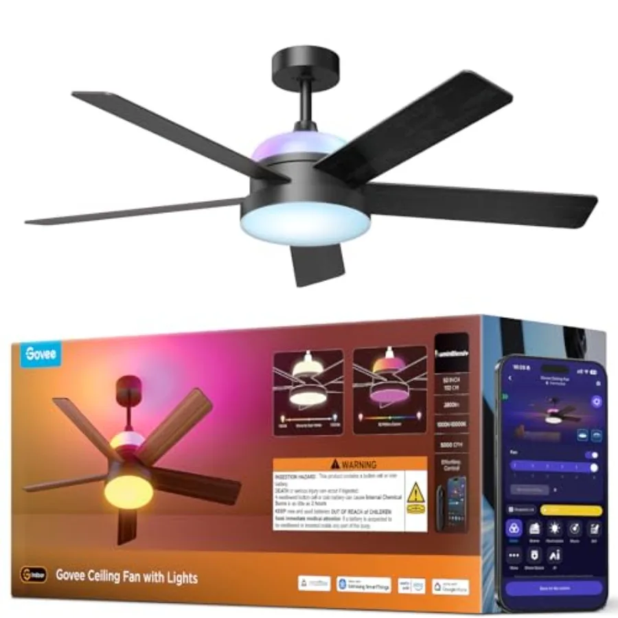 Ceiling Fan with Lights for Bedroom and Living Room, Black Low Profile 52'' RGBIC Smart Fan with Dimmable 2800lm Lights, Revers