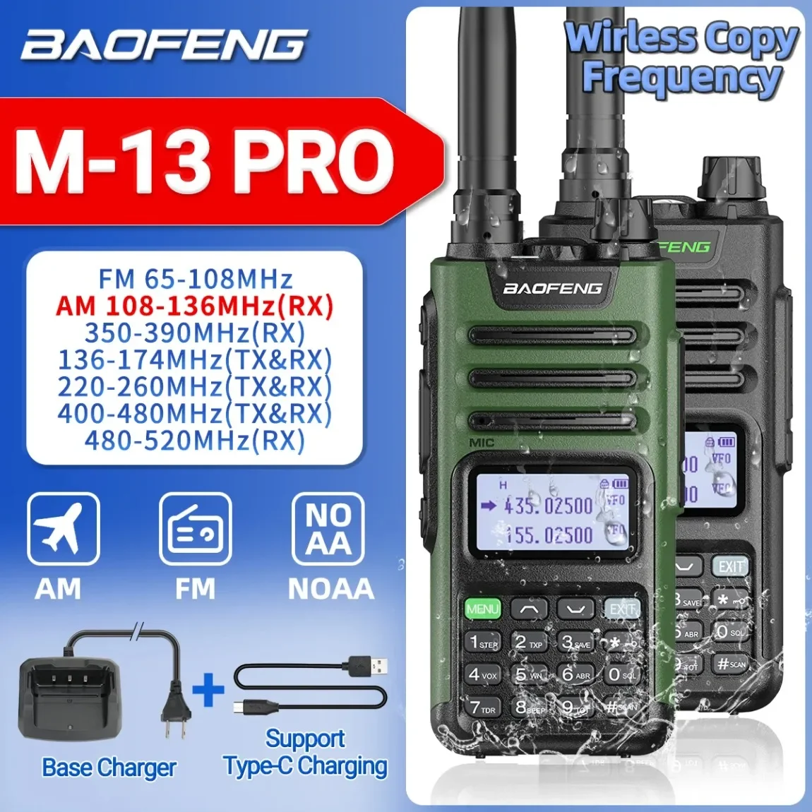 

BaoFeng M-13 Pro V1 V2 Air Band Walkie Talkie 10W Wireless Copy Frequency Type-C Long Range High Power UV5R UV-K6 Ham Radio