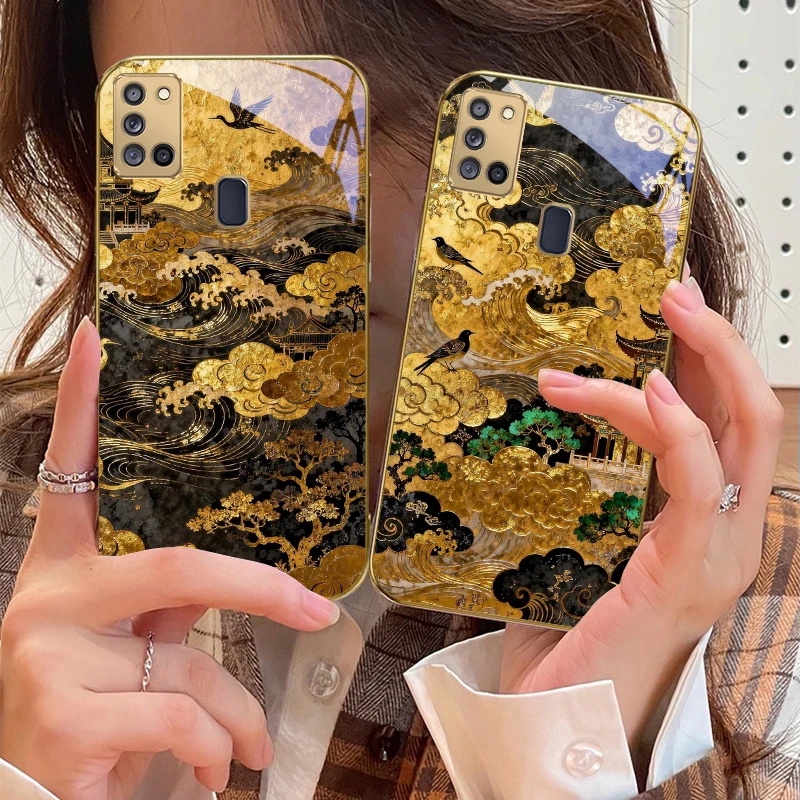 موجات زيادة ذهبية لسامسونج A 31 32 A33 A34 35 14 A15 13 16 25 26 50 52 53 54 55 56 70 71 72 73 حافظة هاتف زجاجية ذهبية