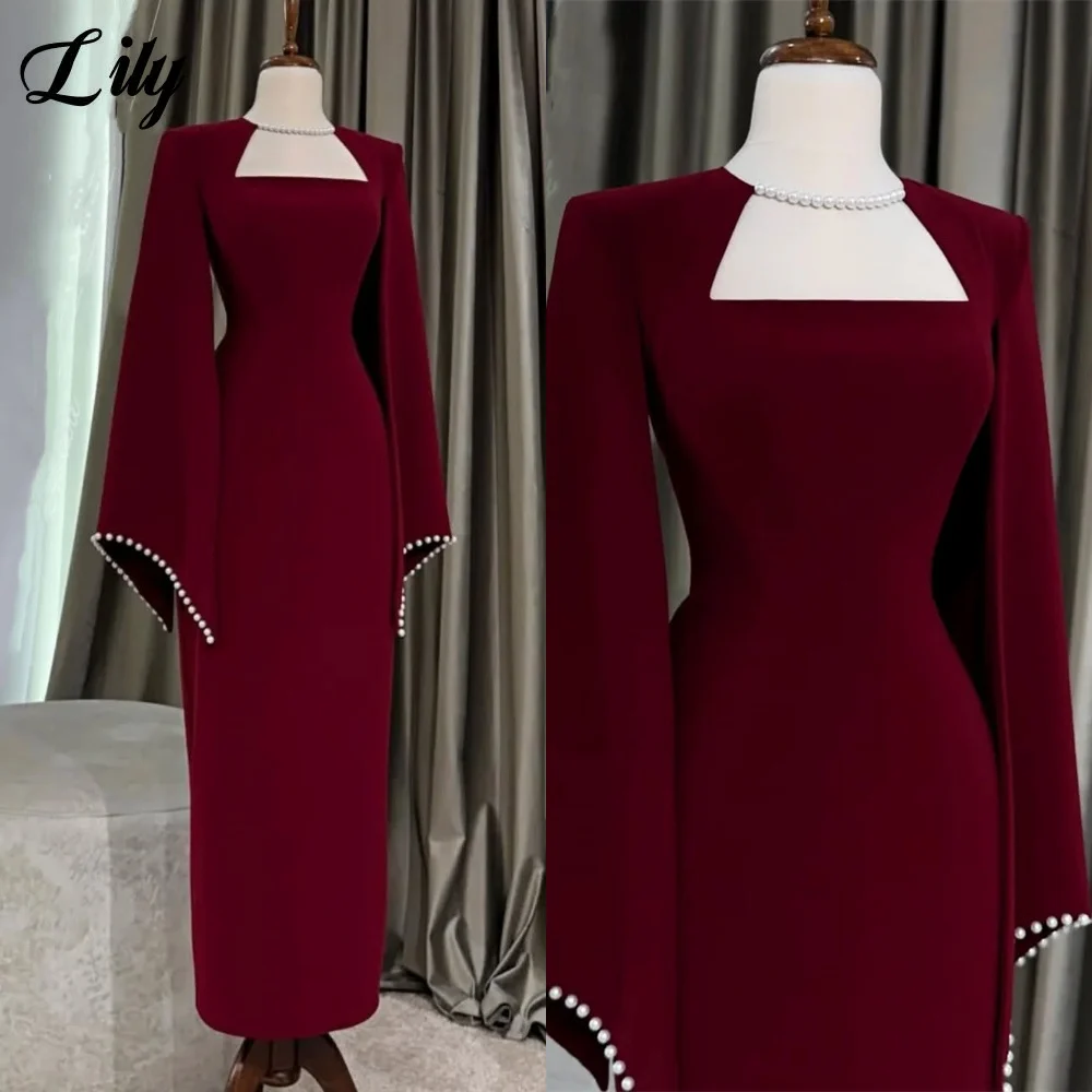 

Выпускные платья Lily Burgundy Шикарные атласные вечерние платья с квадратным вырезом и жемчужными рукавами-колокольчиками فساتين السهرة по индивидуальному заказу