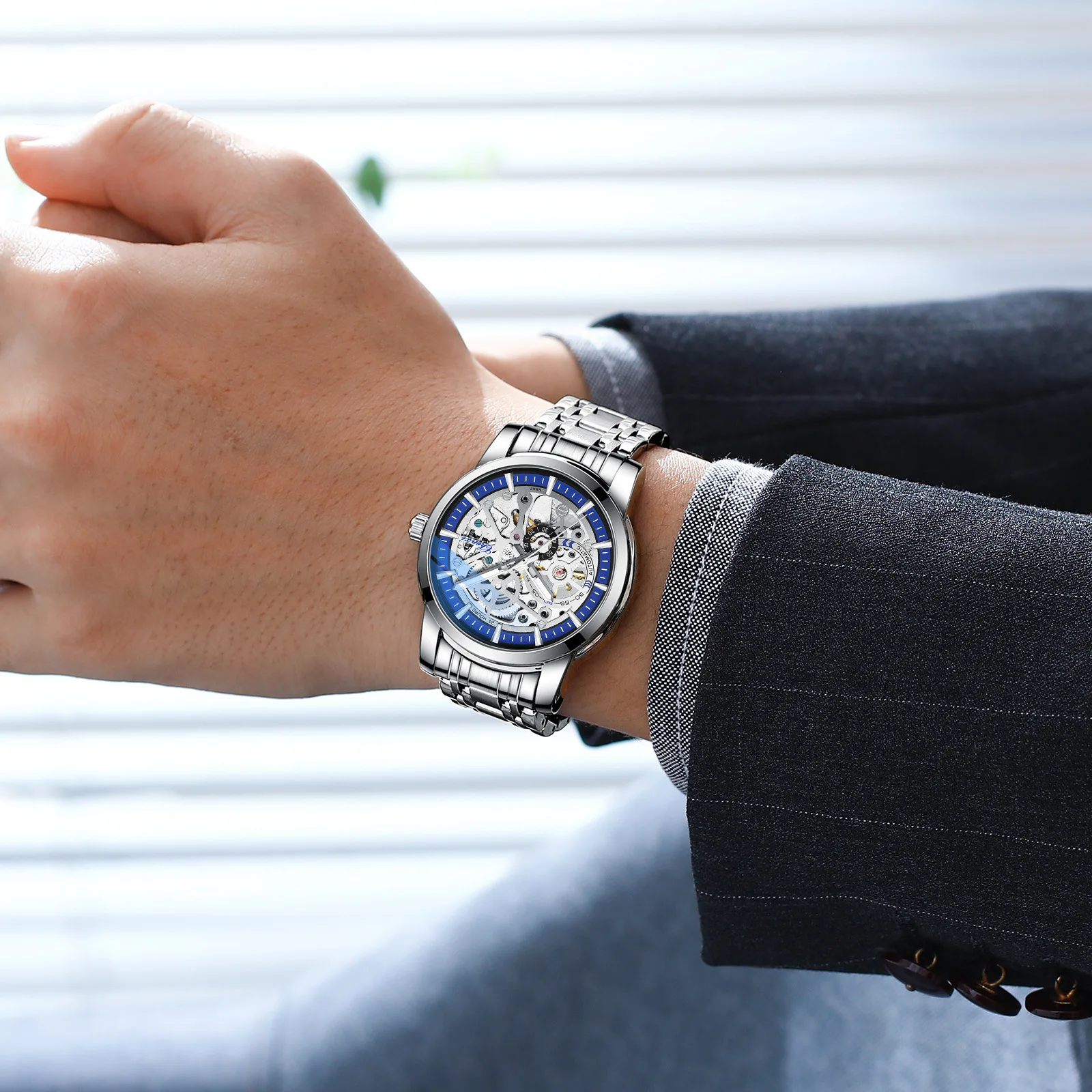 

Модные мужские механические часы с автоподзаводом, водонепроницаемые, светящиеся, с полым корпусом