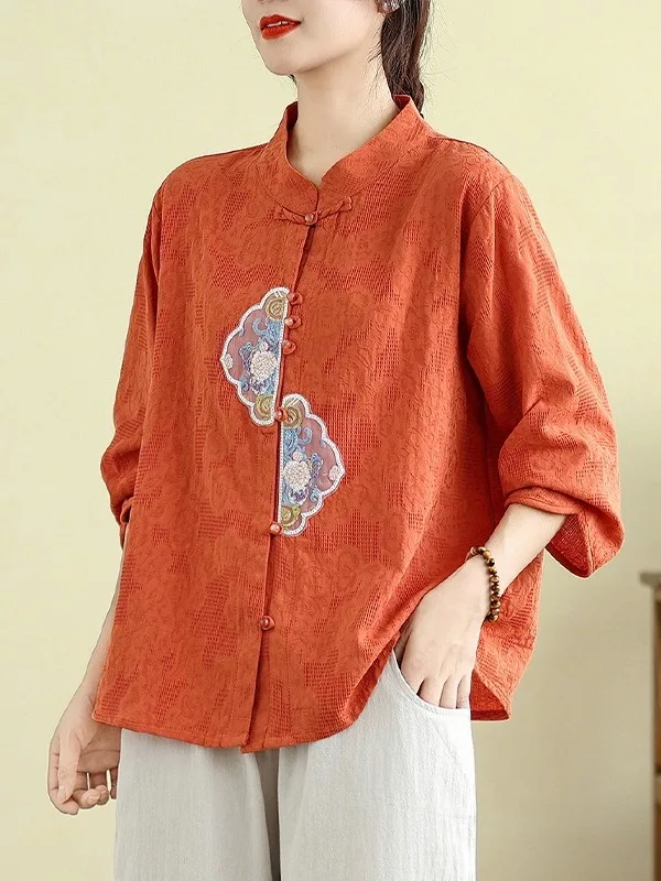 Elegancki haftowany zestaw z bawełny i lnu dla kobiet w średnim wieku, casualowy, spódnica o długości siedmiu stóp i spodnie z ośmioma elementami.