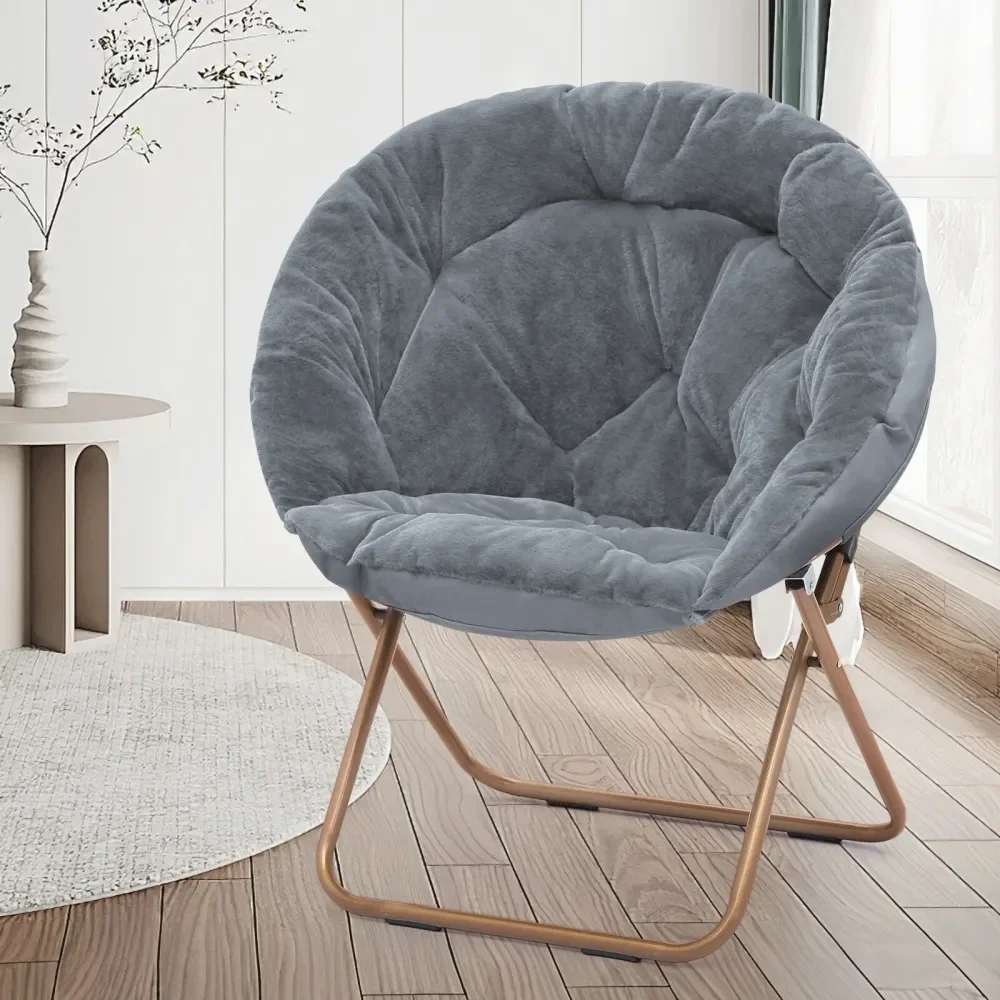 

Round Folding Faux Fur Saucer Chair For Bedroom Living Room Dorm Foldable Metal Frame Oversized Large Comfy Furry Padded Soft L