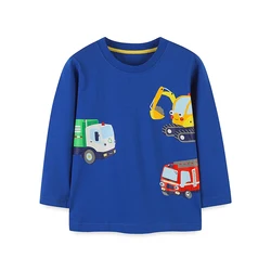 One Piece Autumn Boys Long Sleeved T-Shirt Knitted Cotton Fashionable Cartoon Engineering Car Printed Round Neck Top 2-7Y