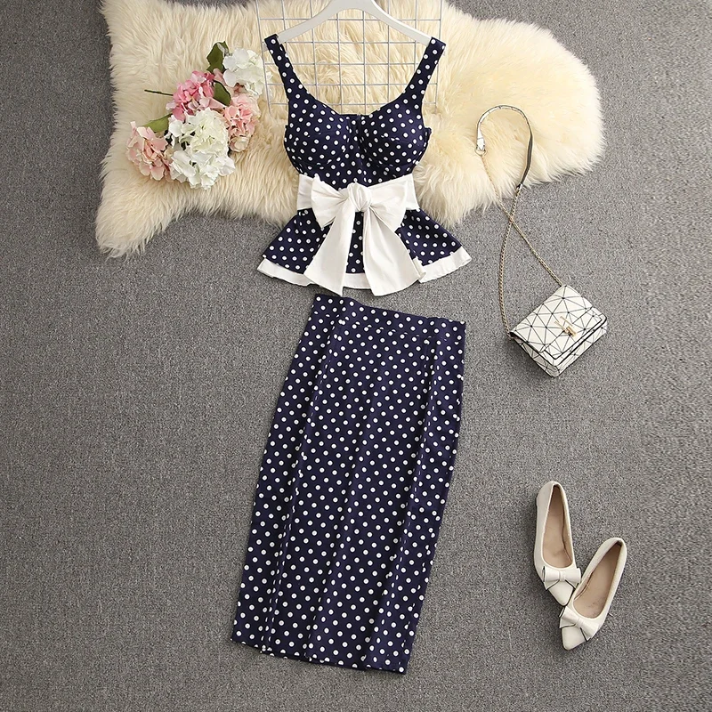 Iridesse Women's Ruffled Sweet Bow Sashes Slim Top + Back Slit Pencil Skirt 2pcs Fashion Suit