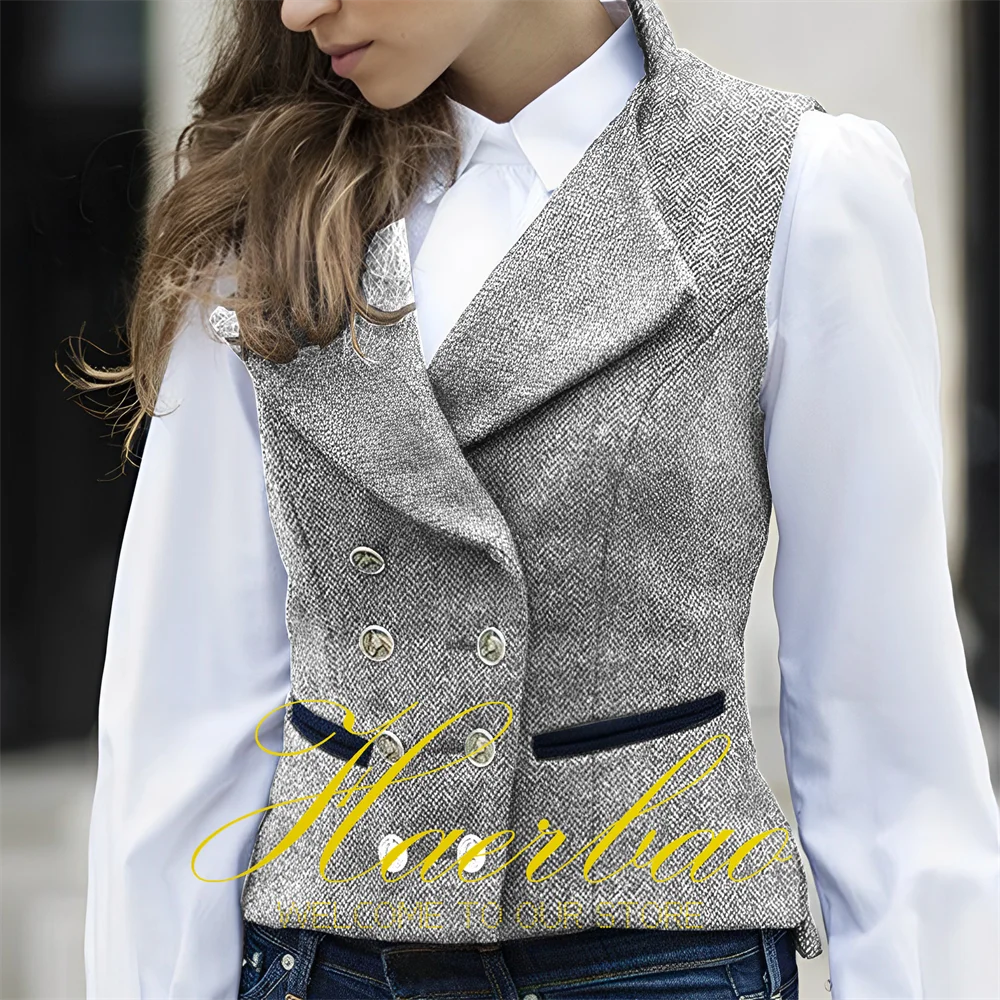 Casual Women\'s Vest Herringbone Double Breasted Vintage Sleeveless Jacket Fashion Lady Waistcoat