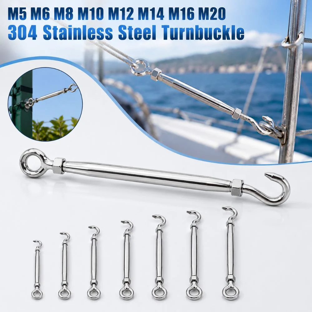 304 Stainless Steel Hooks&Eye Close Type Turnbuckle M5 M6 M8 M10 M12 M14 M16 M20 Adjustable Wire Rope Tensioner Rust Proof