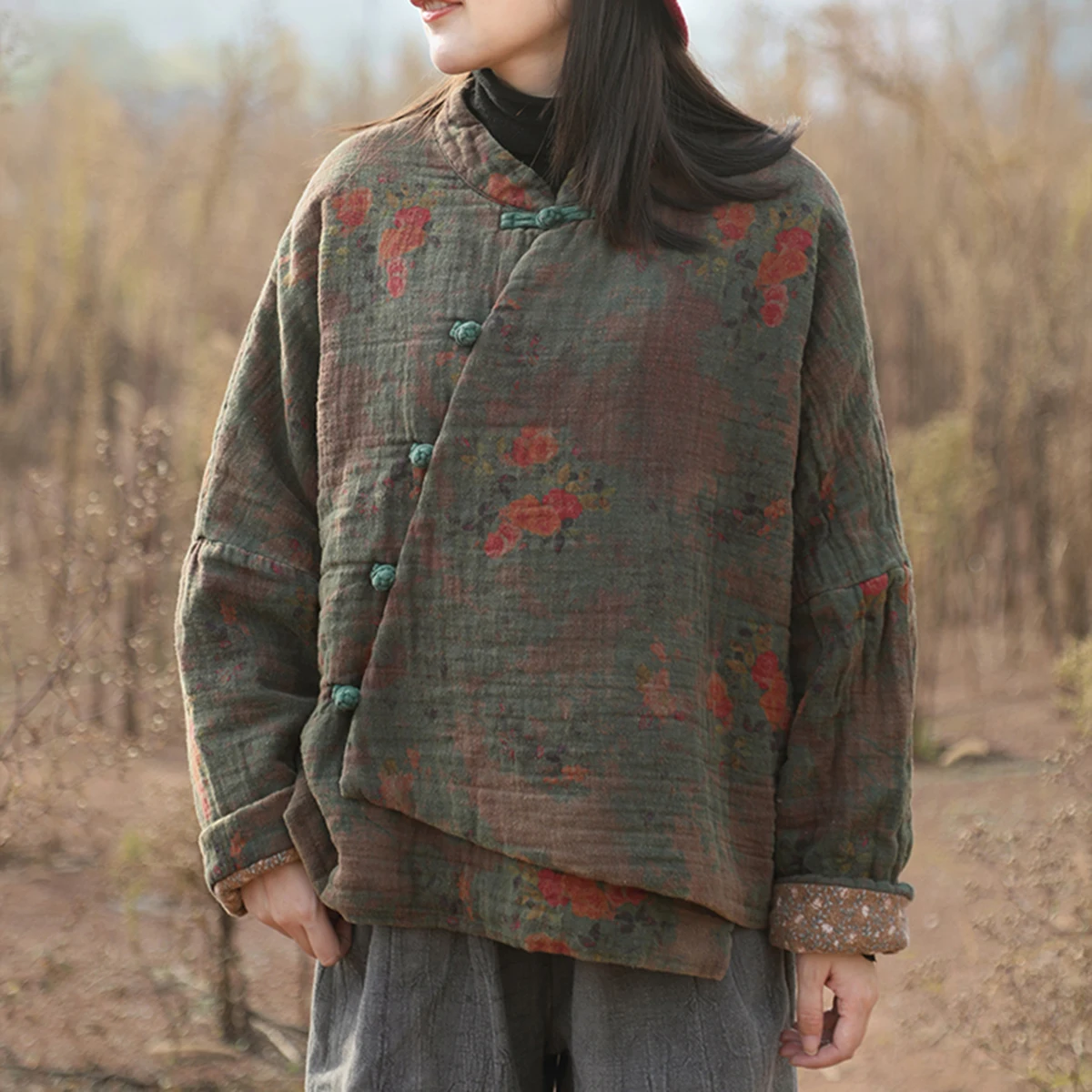 LZJN-Manteau matelassé en coton à revers oblique imprimé rétro, veste courte florale, boutons de grenouille, style Hanfu, style chinois