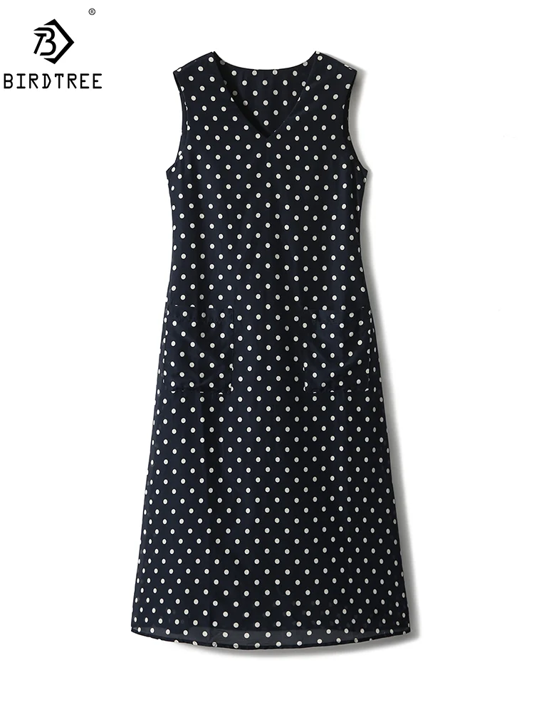 

BirdTree, 28.5%Mulberry Silk Elegant Dresses, Women Sleeveless O Neck Polka Dots, Versatile Commute Dress, 2024 Summer D46127QM