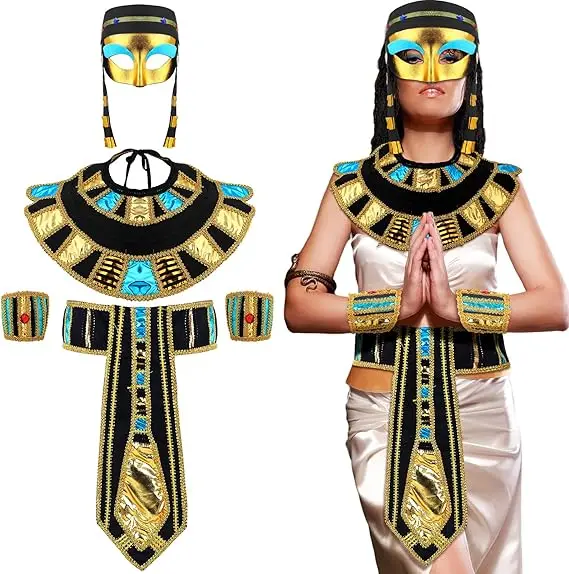 

5 Pcs Women's Halloween Egyptian Costume Accessory Mask Headpiece Collar Wristbands Belt for Egyptian Princess Accessories