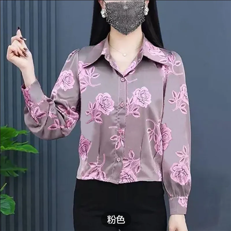 

Early Spring Large Flower Long Sleeve Shirt for Women Fashionable Age-Defying Versatile Top Slimming Elegant Fashionable Shirt