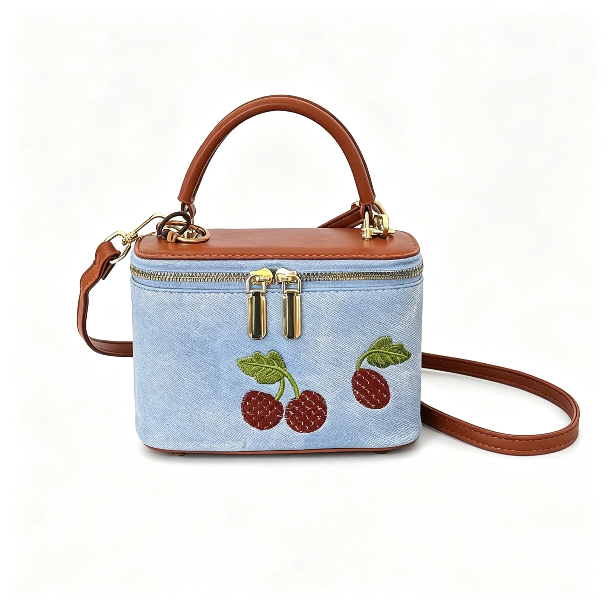 Green Khaki Pink Blue Cherry Embroidery Denim Box Bag PU Leather Small Boston Handbag Top Handle Crossbody Shoulder Purse Girls