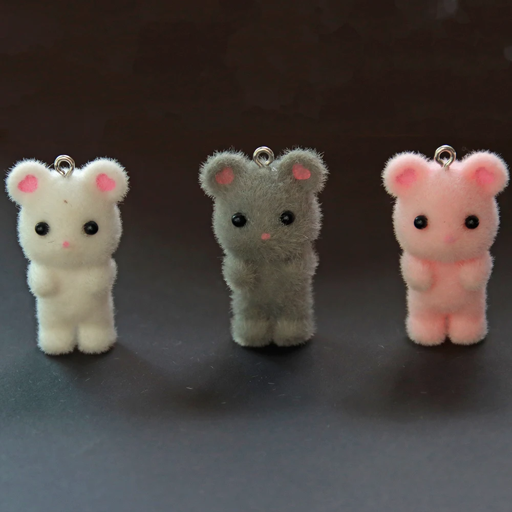 3PCS Egér Medál kawaii 3D Pelyhes flocking Animal Egér charms Miniatúra dolls keychain Nyakdísz Medál DIY ékszer Csinál