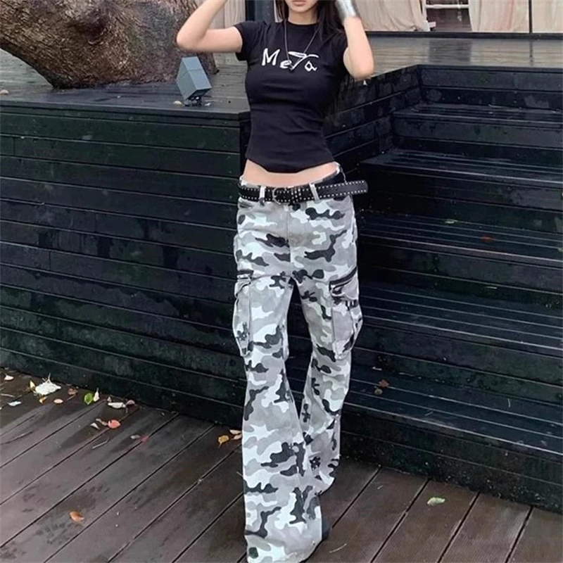 Women's Multi Pocket Camouflage Unisex Pants Cool Girl Vibe Street Fashion High Waist Bottoms Female Straight Wide-leg Trouser