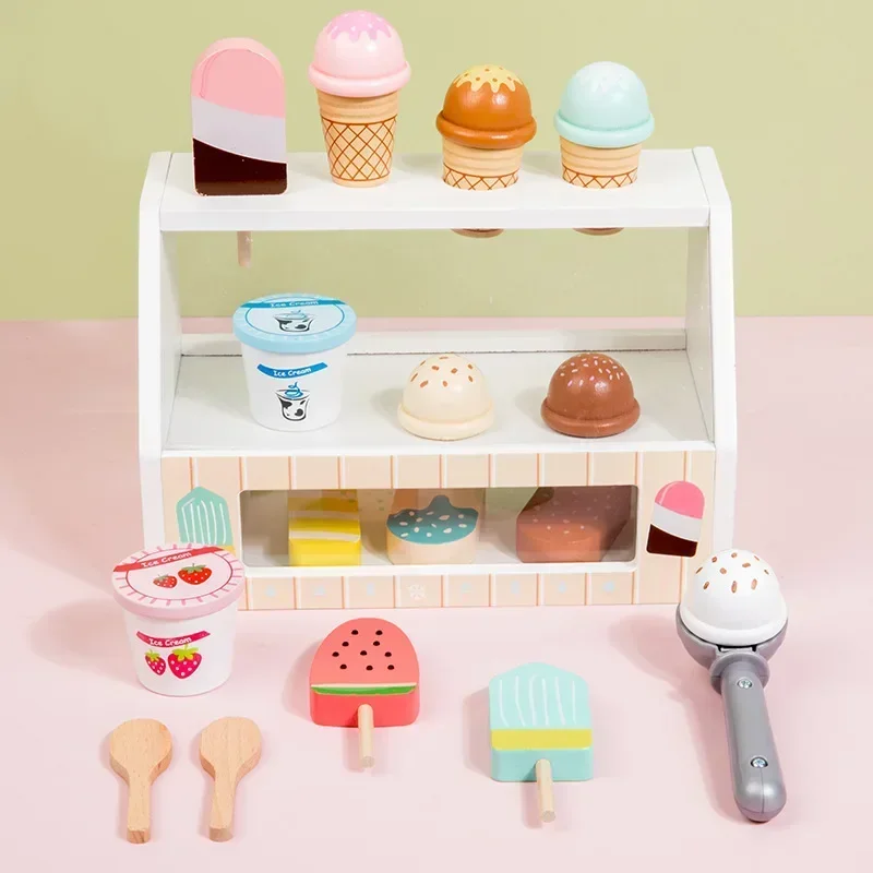 木製アイスクリームカウンタープレイセット 幼児用おもちゃ モンテッソーリキッチン ごっこ遊びおもちゃ キッチンアクセサリー 子供用ロールプレイングゲーム