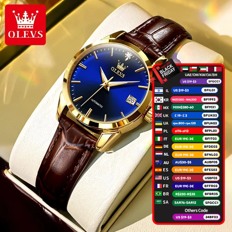 Relógio de pulso feminino olves 6629 automático mecânico moda azul dial relógios para mulher pulseira de couro à prova dwaterproof água data