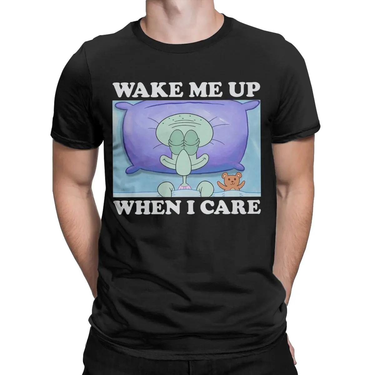 SpongeBobed Wake Me Up When I Care T-Shirt for Men Funny 100% Cotton Tees Crew Neck Short Sleeve T Shirt Plus Size Clothes