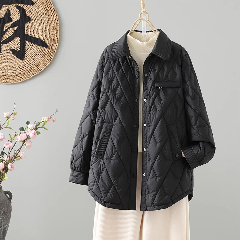 

Черное стеганое пуховое пальто средней длины для женщин, легкое, теплое, с застежкой на одну пуговицу, с воротником-стойкой, для зимы