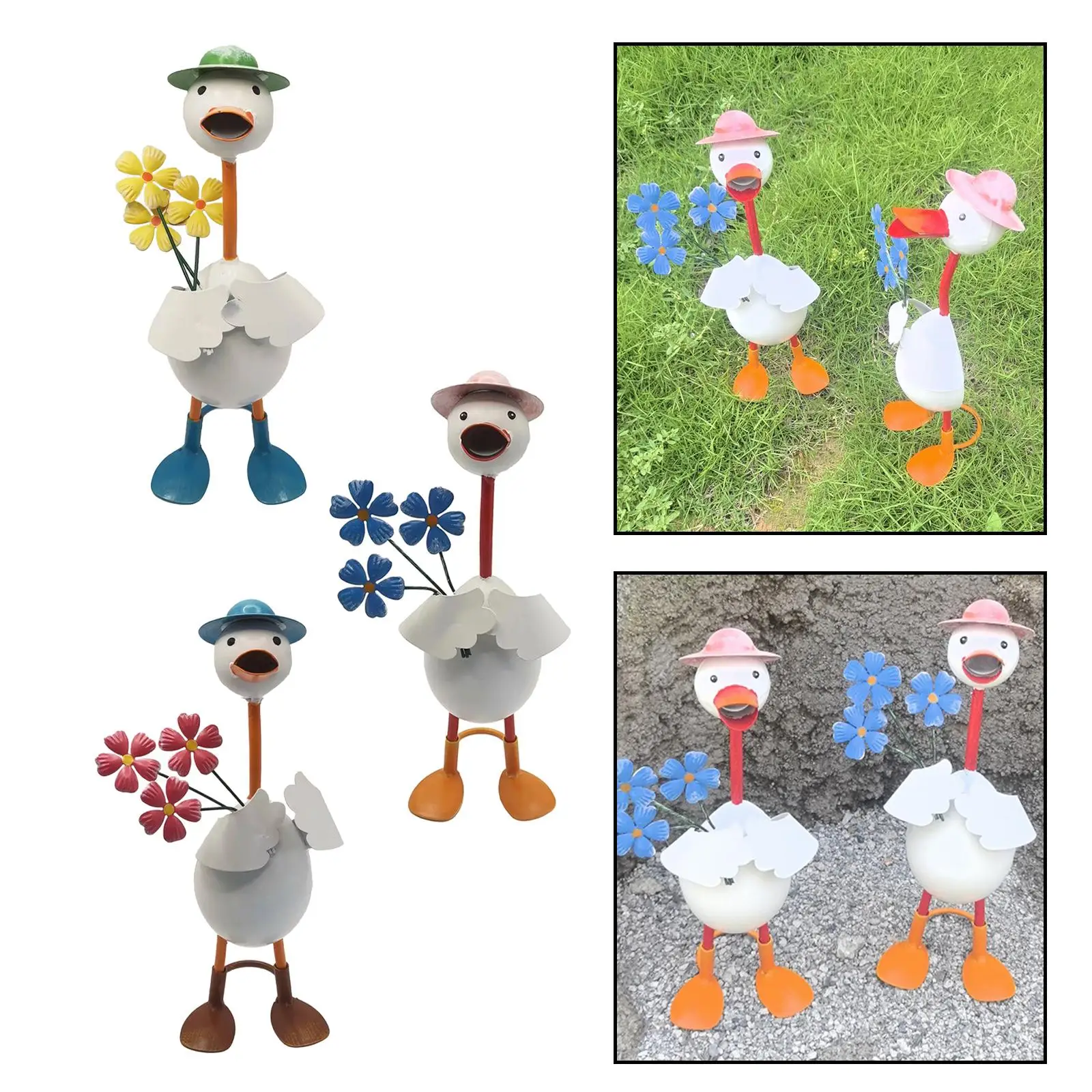 Duck Outdoor Sculpture with Flowers Iron Garden Statue for Farmhouse Patio Backyard Decoration Cute Animal Figurine Art
