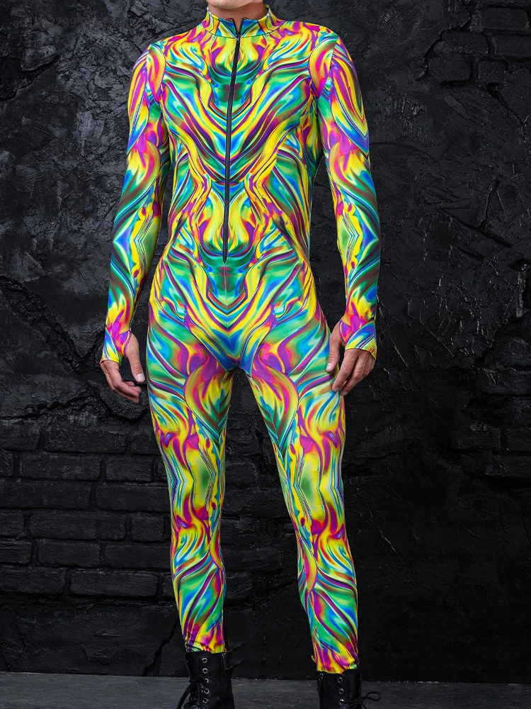 

New Sexy Men's Halloween Party Club Bar Colorful Jumpsuit Special Cool Color Printing Party Performance Role Play Bodysuits