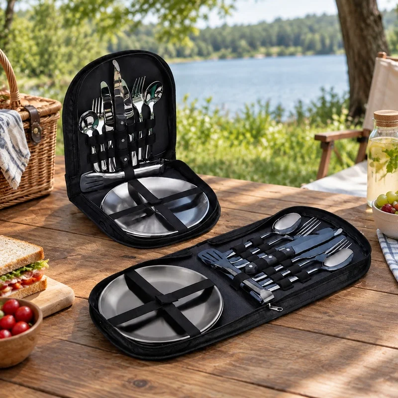 Compact Two-Person Camping Dinner Set with Plates and Cutlery for Outdoor Travel Meals