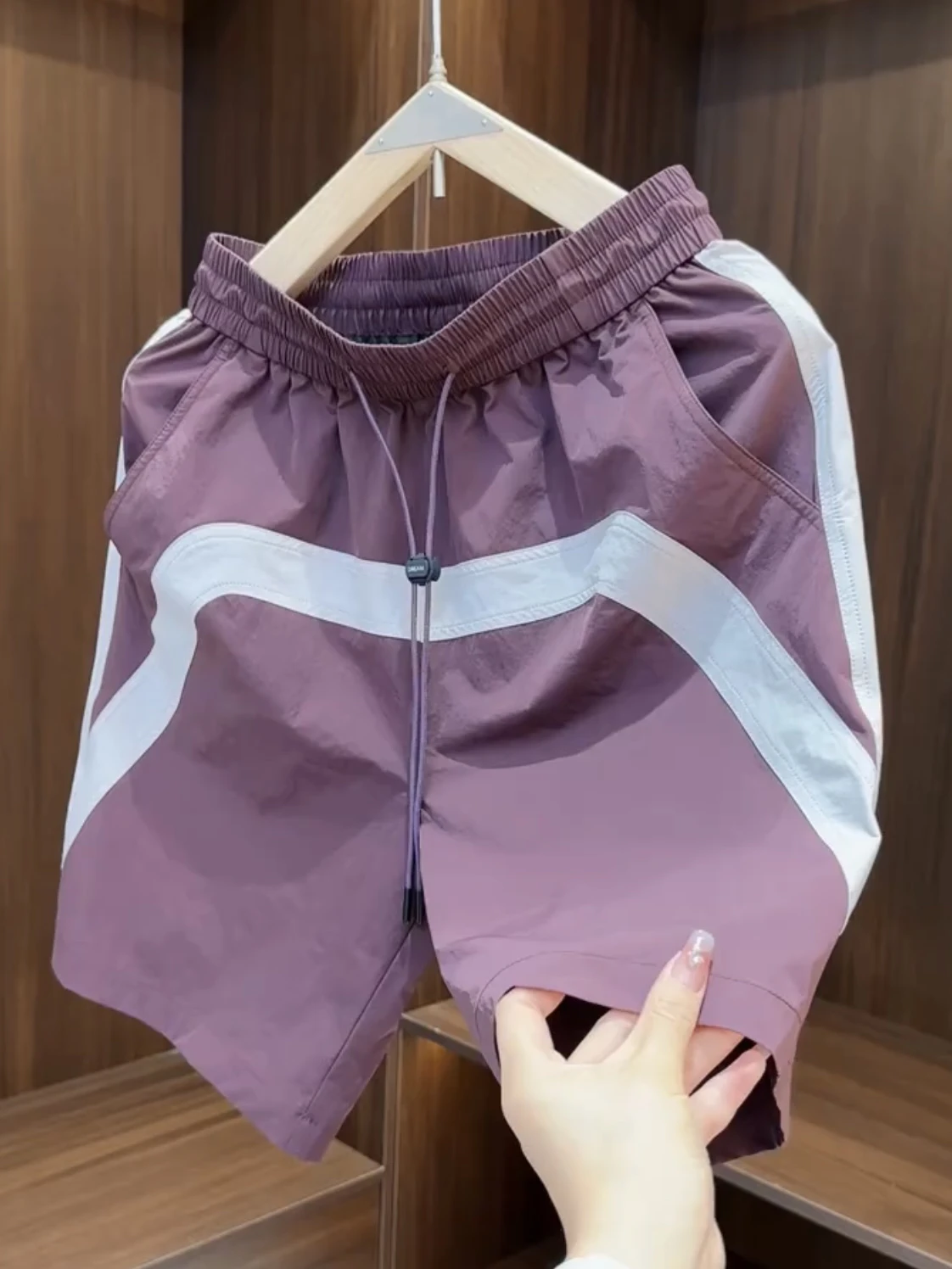 

Summer New American Splice Color Block Casual Quick Dry Men's Loose Breathable Sports Shorts Polyester Fiber Straight Leg