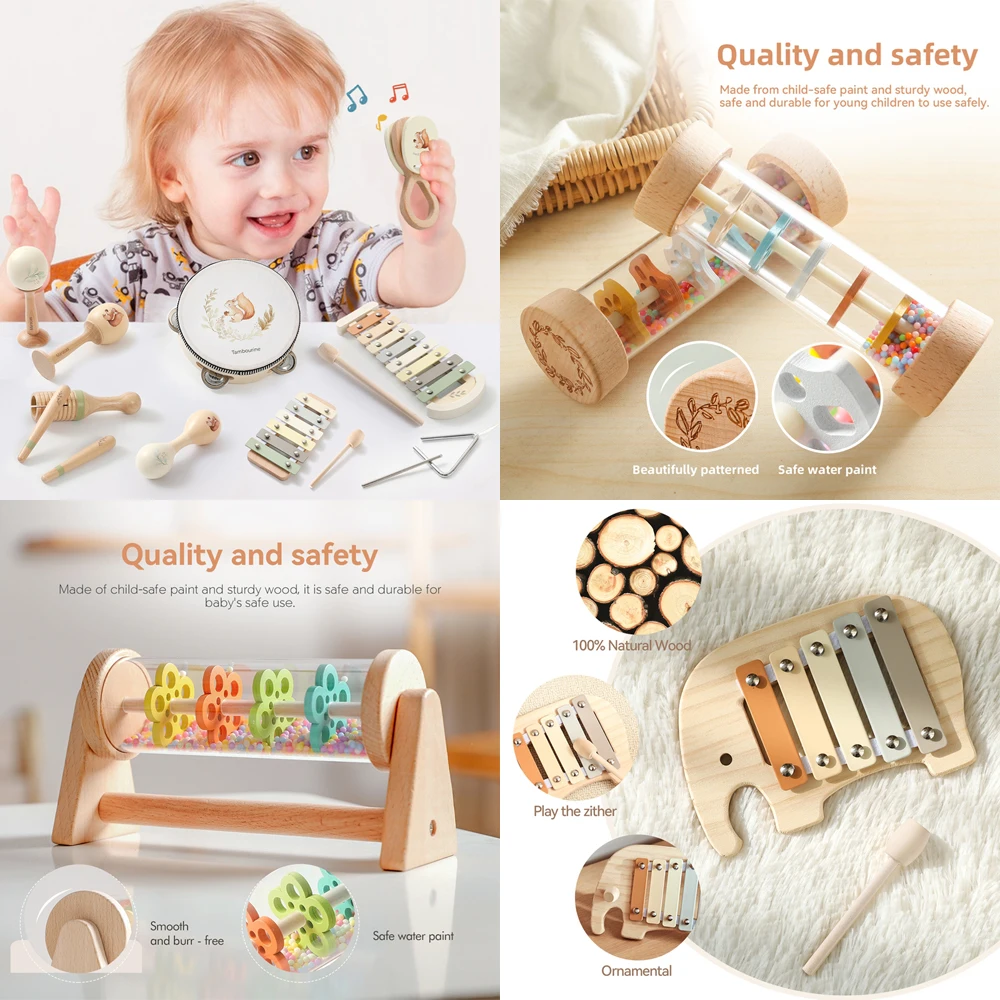 Drewniane instrumenty muzyczne dla niemowląt, zabawki edukacyjne Montessori, zabawki sensoryczne, zabawki muzyczne uspokajające, instrumenty perkusyjne, pianino, prezent dla noworodka