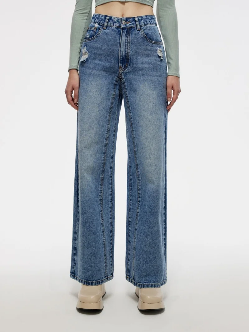 streetwear 워시 기본 데님 바지 가을 옷 여성 하이 웨이스트 패치 워크 스트레이트 청바지 여성 캐주얼 올 매치 진 바지