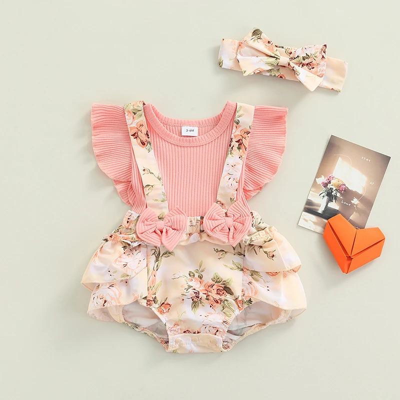 Newborn Baby Girls Two-piece Clothes Set Pink Floral Printed Pattern Fly Sleeves Romper and Bow Knot Headdress 0-18 Months