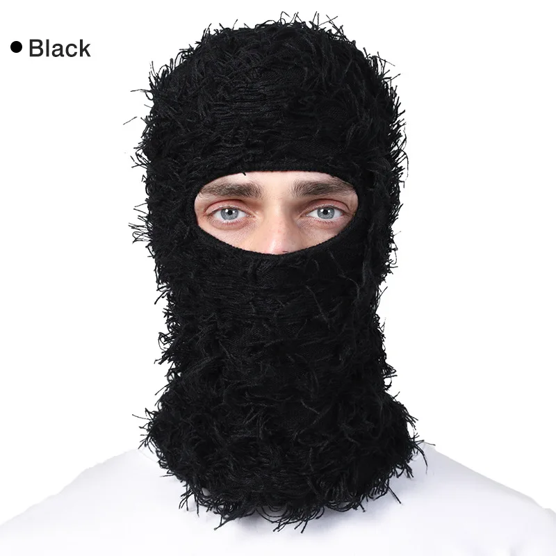 Full Face Cover Ski Mask Hat Balaclava Distressed Knitted Beanie Camouflage Men Hat Women Winter Warm Windproof Bicycle Neck Hat