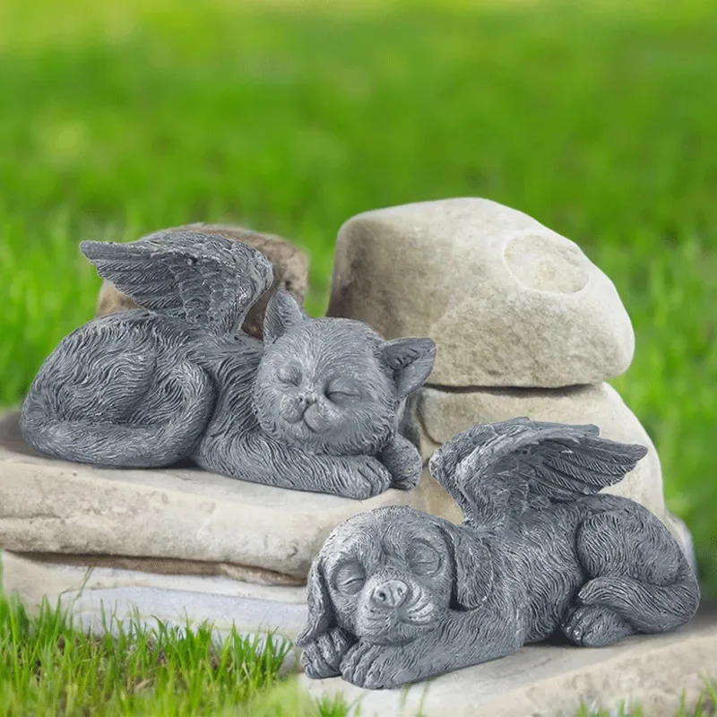 

Creative Angel Wings Cat Statue Ornament Outdoor Courtyard Animal Imitation Stone Carving Home Garden Pet Commemoration Decor