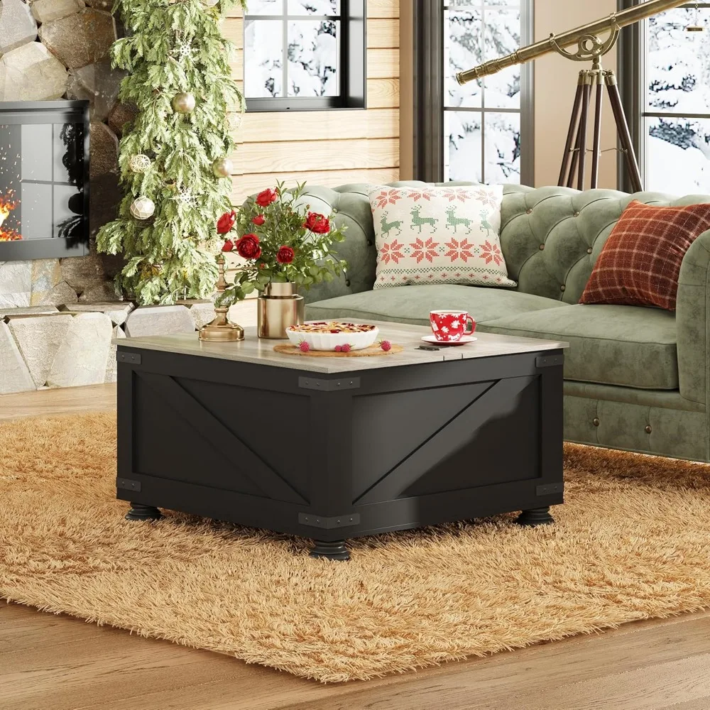 Farmhouse Lift Top Coffee Table with Storage, 31.5" Square Center Table, Flip-Top Hidden Compartment, Wood-Grain Coffee Table f