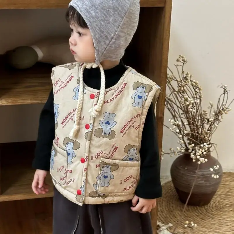 Girls Cartoon Print Cardigan Coat Boys Vest Jacket Baby Clothes 2025 Winter New Children Sleeveless Warm Vest Plus Velvet Thick