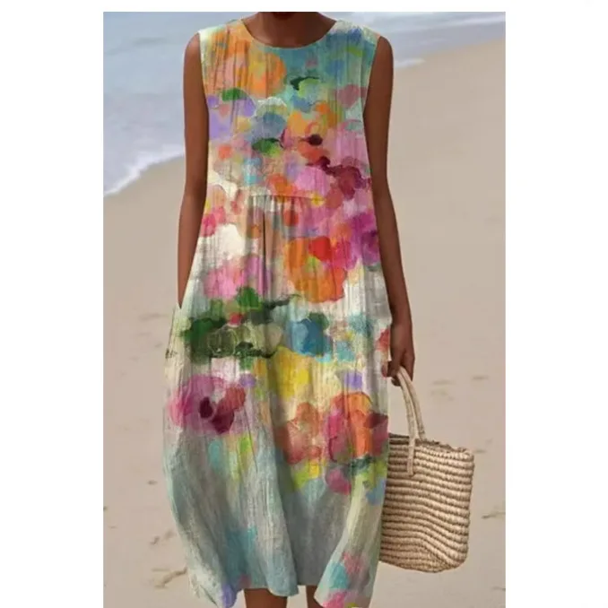 

Vintage Print Pocket Pleated Long Dress Spring Women's Crew Neck Loose Boho Dress Summer Sleeveless Casual Beach Dresses Vestido