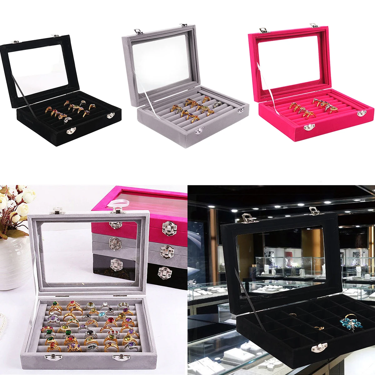 

2024 New Velvet Rrings Earrings Box with Clear Lid Jewelry Display Casket Storage Organizer Tray Ring Box Case Jewelry Box