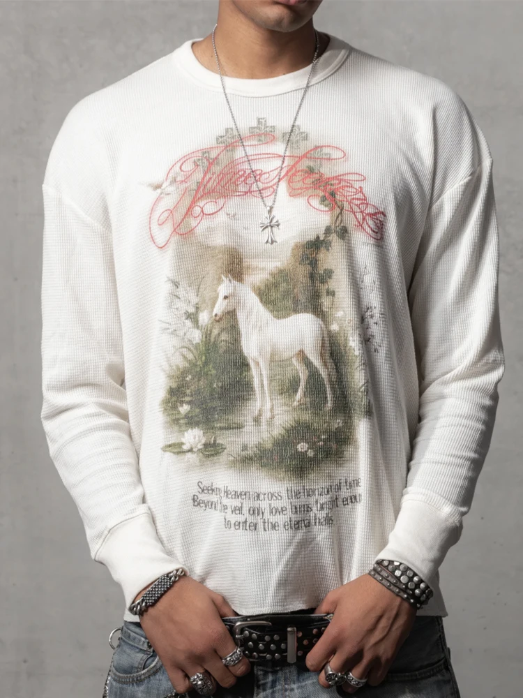 American Retro Style Y2K Autumn and Winter New Item Unisex Patterned Printed Top, Daily Style Base Shirt