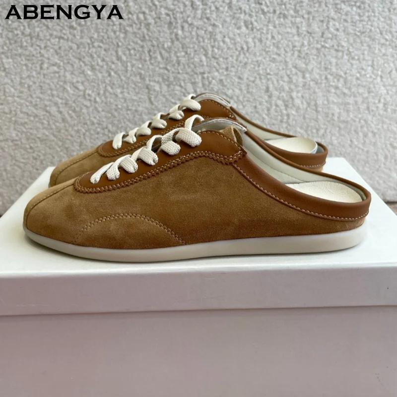 

Hot Sale Brown Suede Flat Slippers Women Round Toe Lace Up Modern Flat Slides Casual Lovers Walking Shoes Ladies Half Slippers