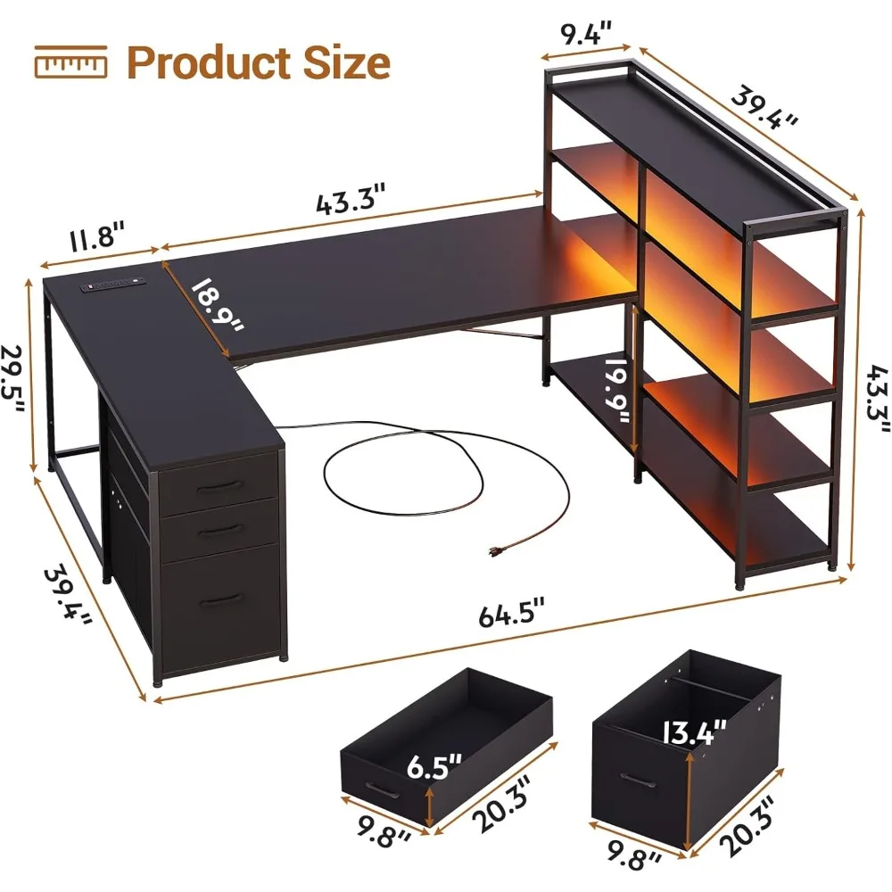 L Shaped Gaming Desk with Power Outlet, Storage Shelves, LED Lights, 3 Fabric Drawers, Reversible U Shaped Computer Desk