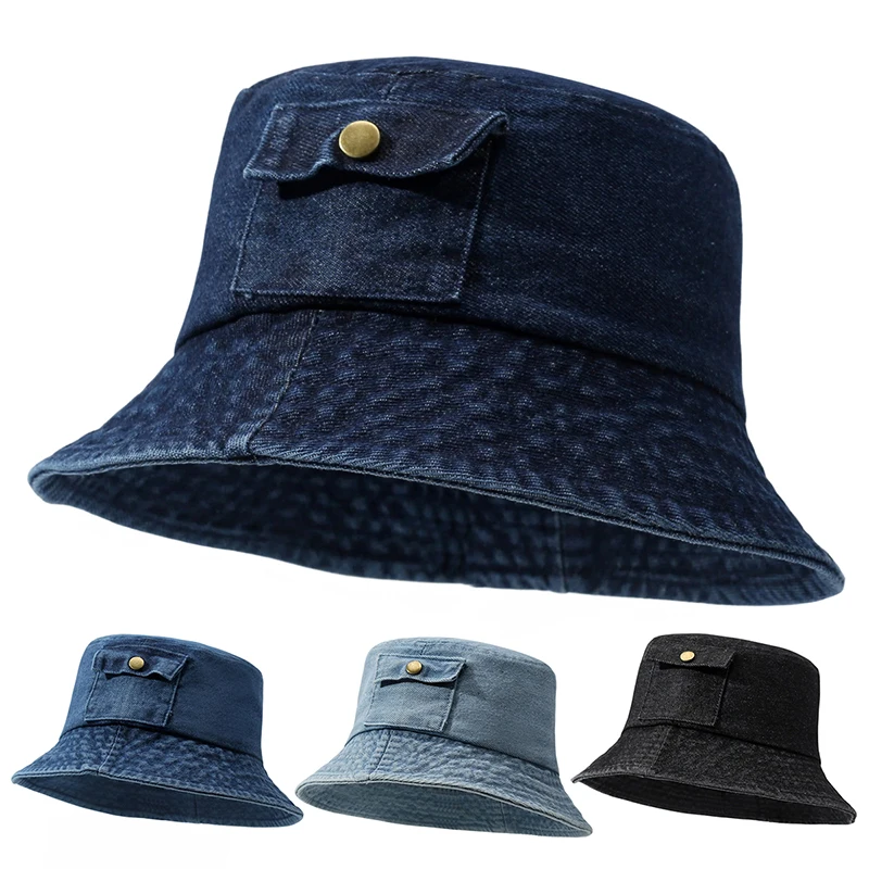 Women's Spring & Summer New Vintage Denim Short Brim Bucket Hat with Pocket - Japanese Washed Fashion Sun Hat