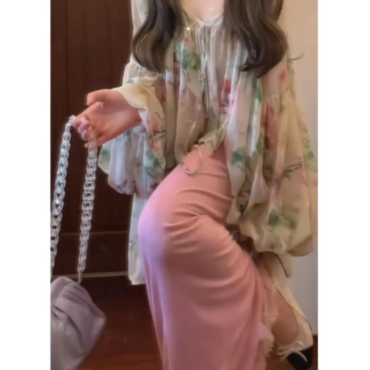 Atasan Lengan Lentera Cetak Temperamen Perancis untuk Wanita Rok Kelas Atas Baru Musim Semi Setelan Cina Baru